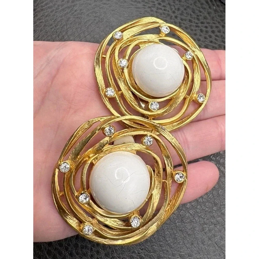 HUGE 80s Rhinestone Abstract Modernist Runway Chunky Statement Clip On Earrings
